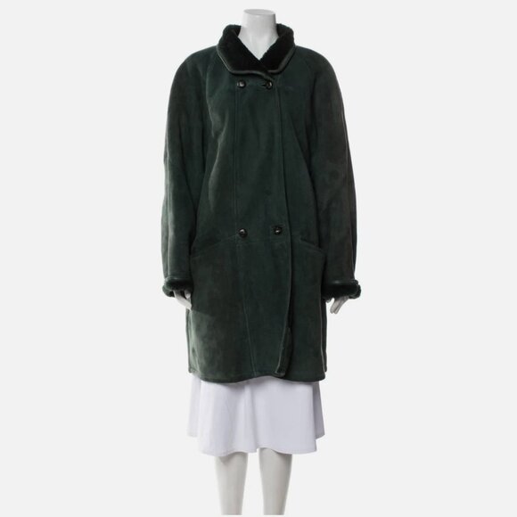 Vintage Finland Sheepskin Shearling Wool Fur Coat Jacket Olive Green Women 14 XL - Picture 1 of 11